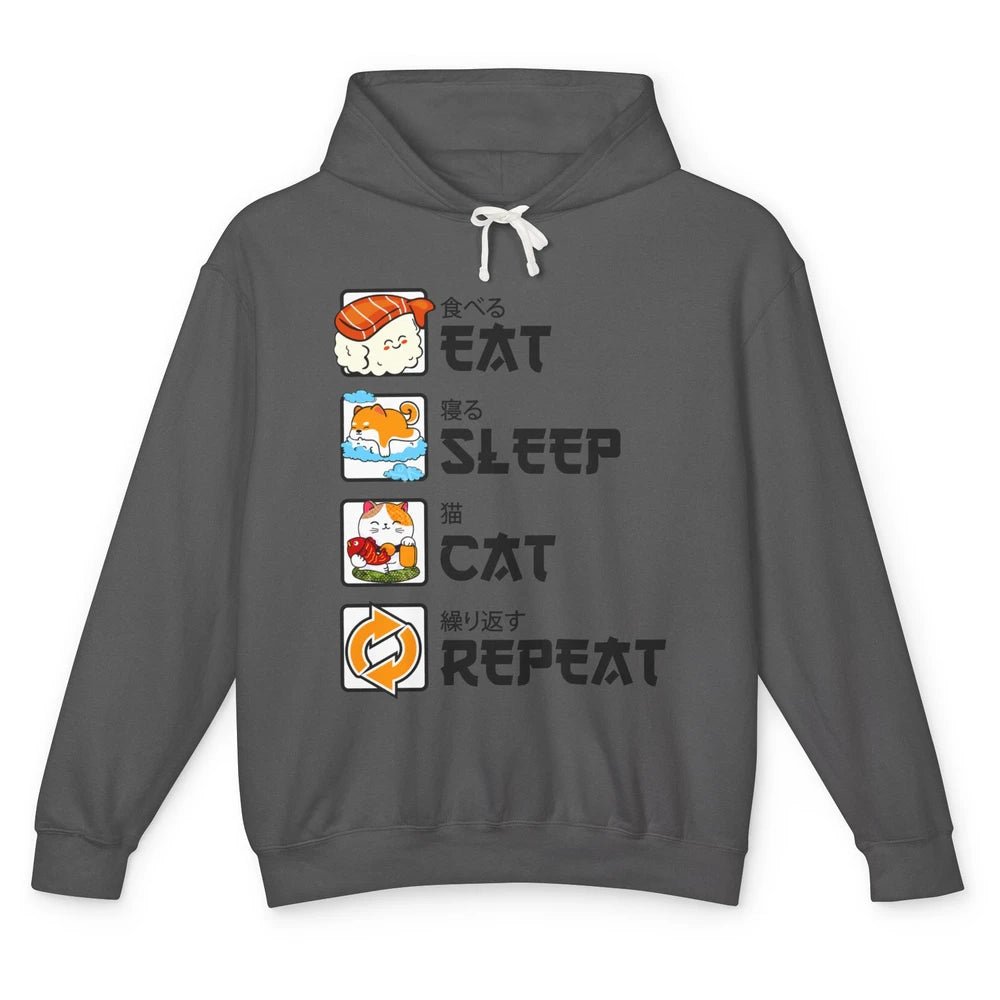 Funny Cat Neko Sushi Eat Sleep Cat Repeat Japanese Kawaii Unisex Lightweight Hoodie