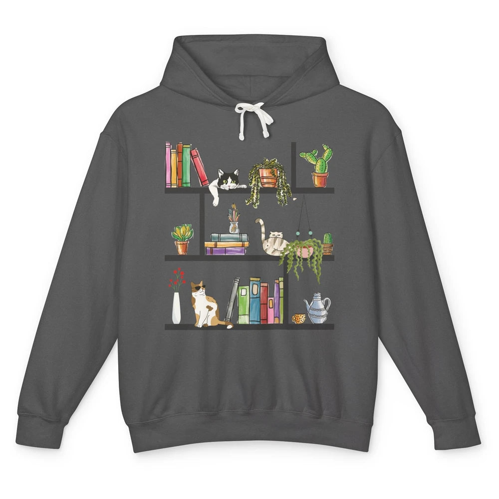 Funny Cats Lying On Floral Bookshelf Book Kitten Minimalist Unisex Lightweight Hoodie