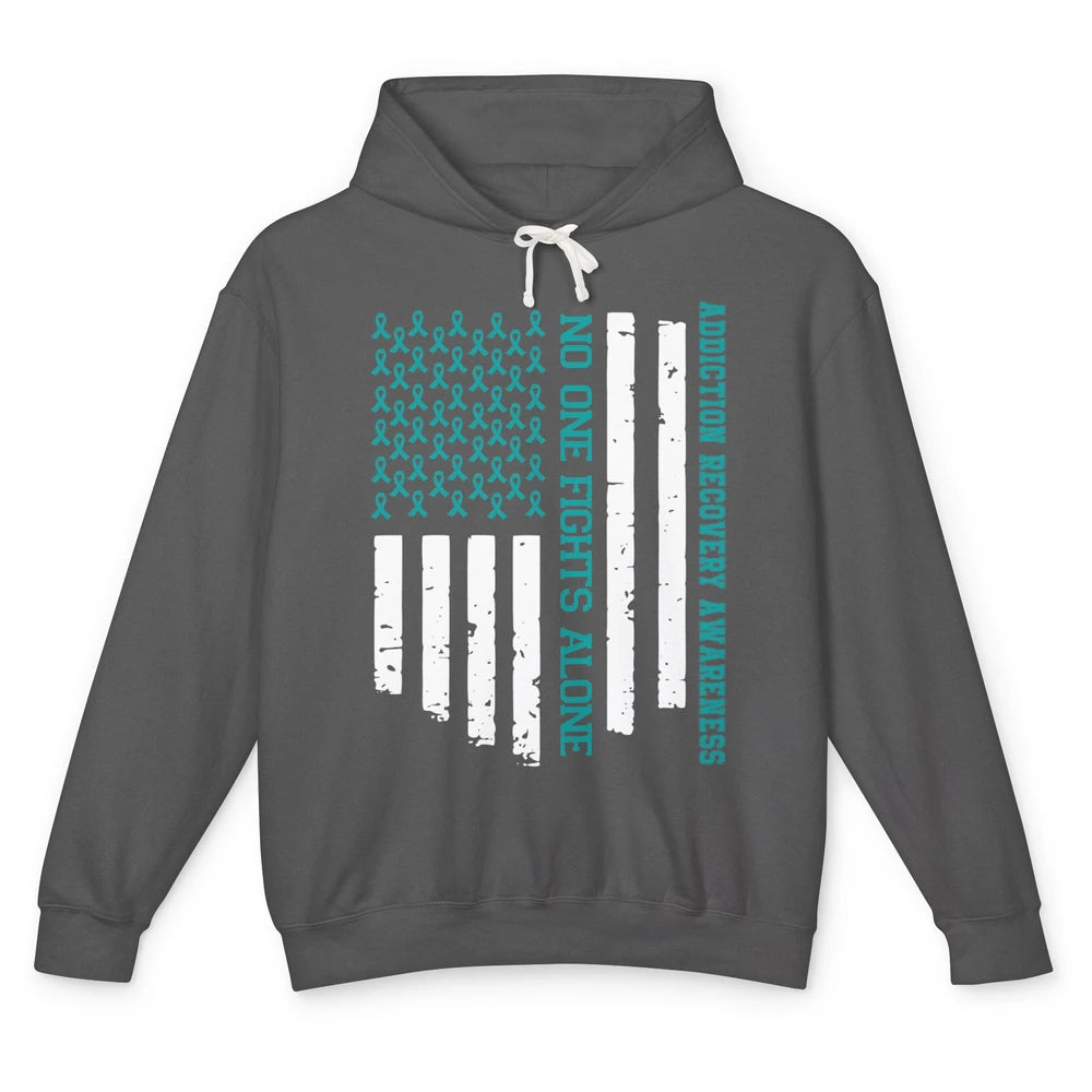 Addiction Recovery Awareness Teal Ribbon No One Fiht Alone Unisex Lightweight Hoodie