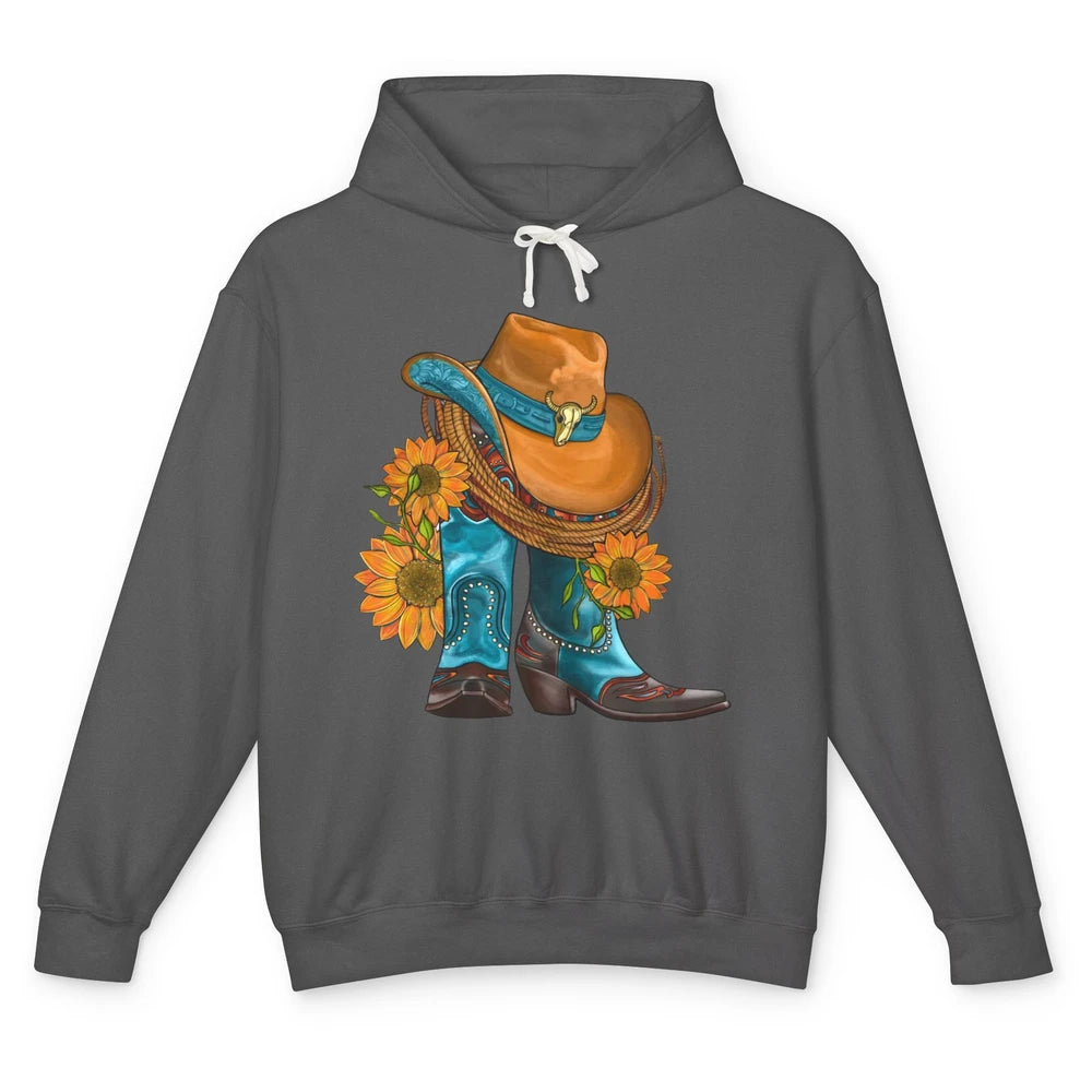 Sunflower Cowboy Boots And Hat Bull Skull Western Country Unisex Lightweight Hoodie