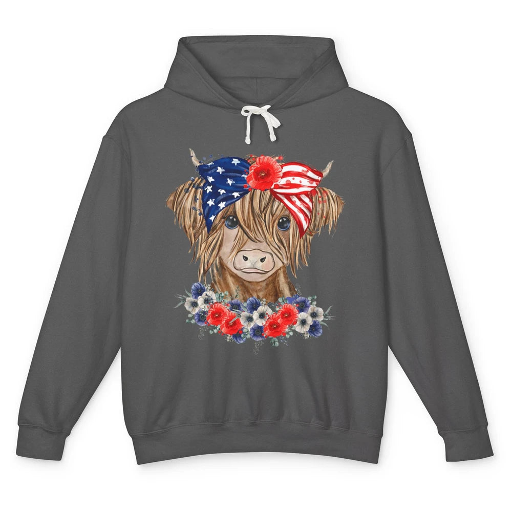 Funny Heifer Highland Cow Bandana America Flag 4th Of July Unisex Lightweight Hoodie