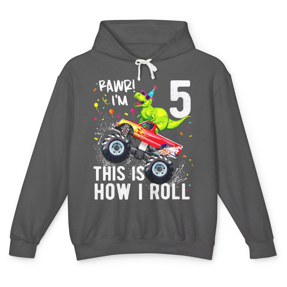 Funny T Rex Dinosaur Monster Truck Happy 5 Birthday Boy Rawr Unisex Lightweight Hoodie