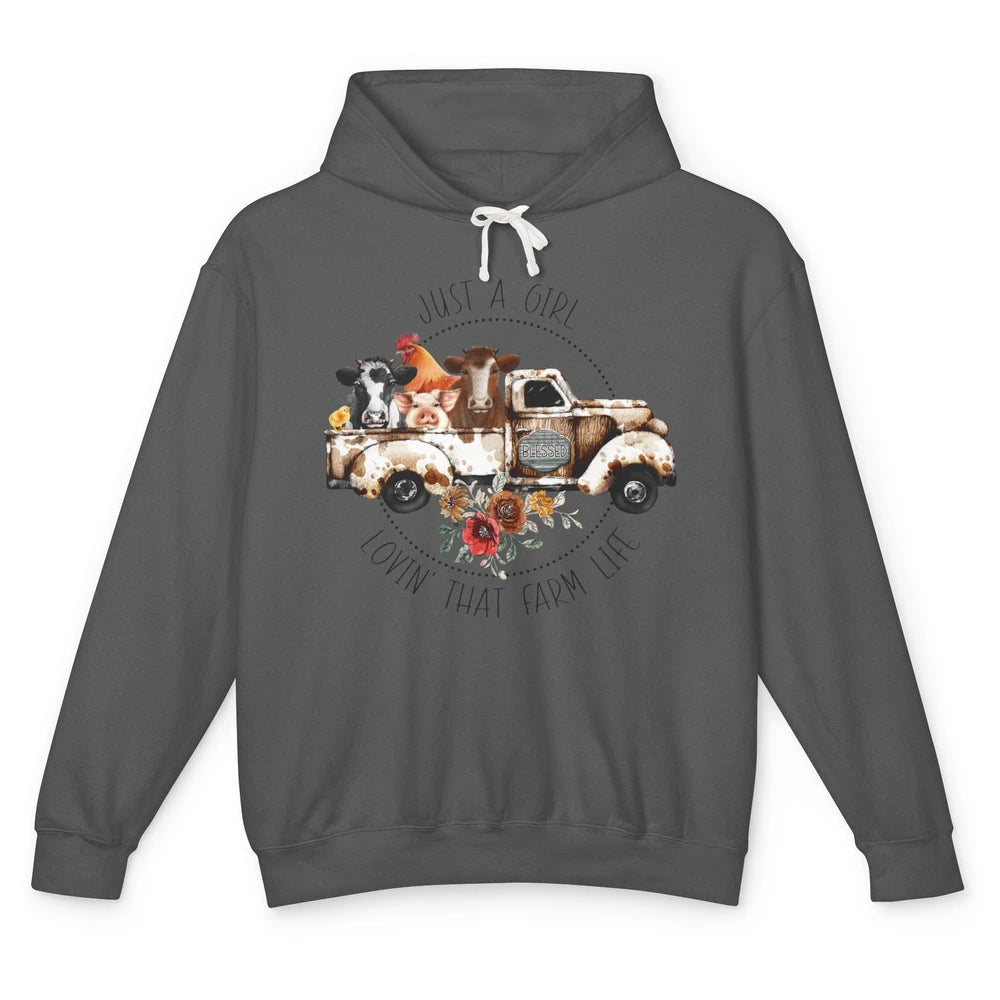 Retro Truck Just A Girl Loving That Farm Life Farm Animals Unisex Lightweight Hoodie