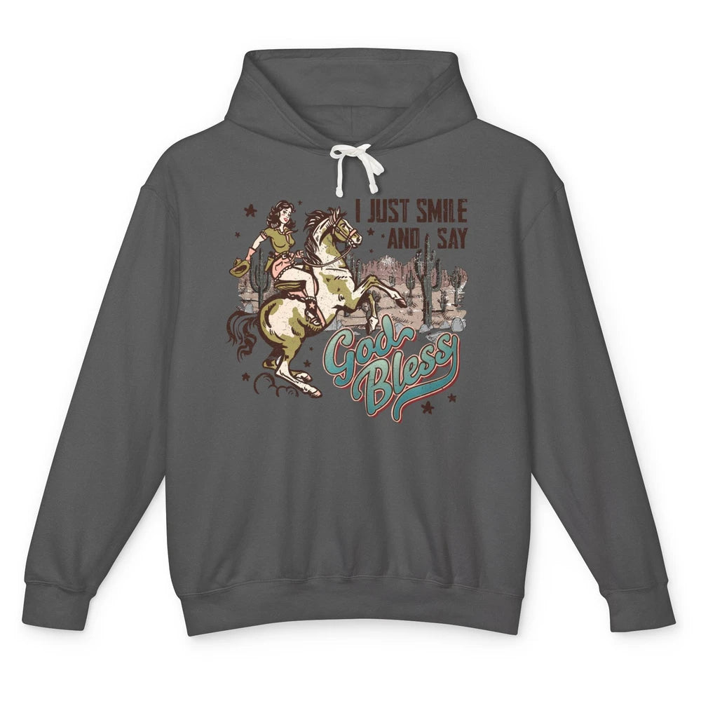 Retro Cowgirl Horsing I Just Smile And Say God Bless Western Unisex Lightweight Hoodie