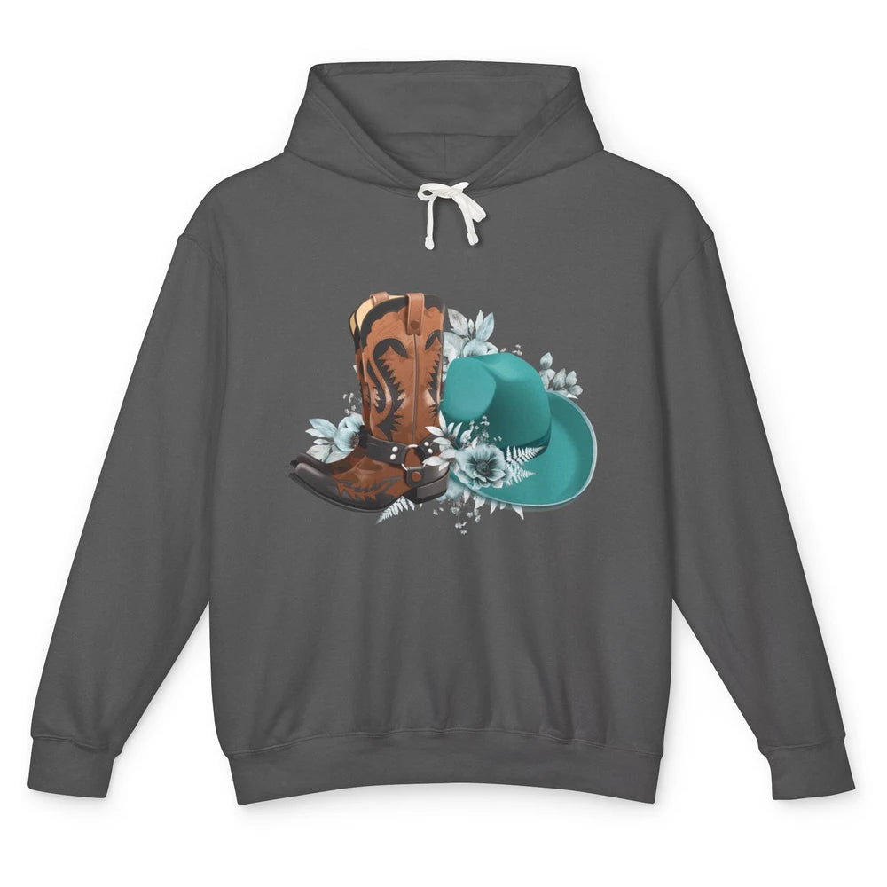 Retro Cowgirl Floral Turquoise Cowboy Boots Rodeo Western Unisex Lightweight Hoodie