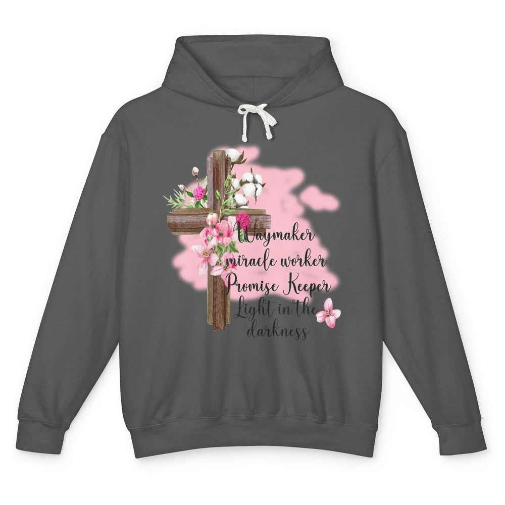 Jesus Floral Cross Waymaker Miracle Worker Faith Christian Unisex Lightweight Hoodie