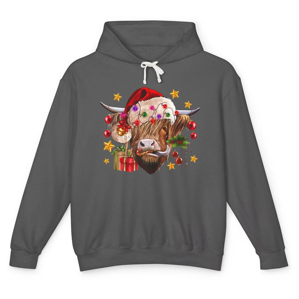 Highland Cow Joy Santa Hat Christmas Ornament Western Farm Unisex Lightweight Hoodie