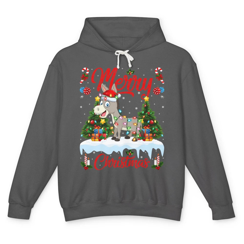 Merry Christmas Donkey Santa Claus Hat Xmas Tree Lights Snow Unisex Lightweight Hoodie