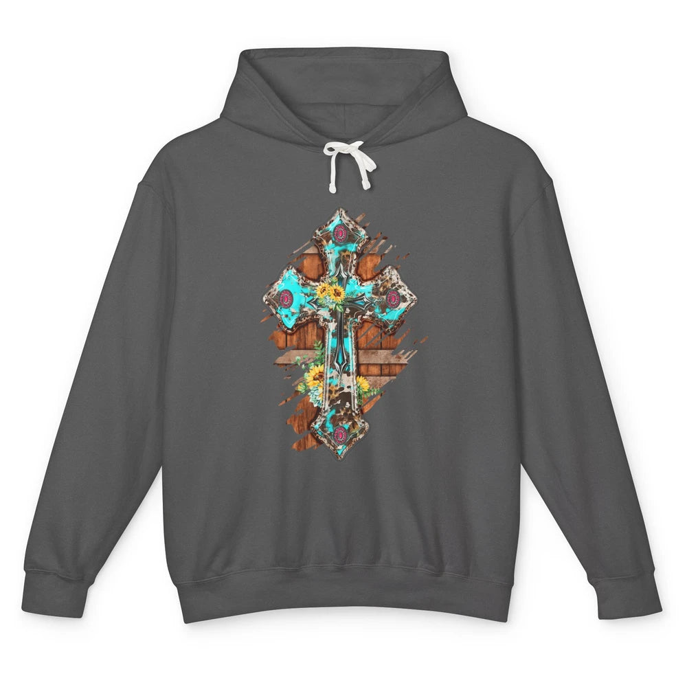 Western Country Boho Christian Turquoise Leopard Faith Cross Unisex Lightweight Hoodie