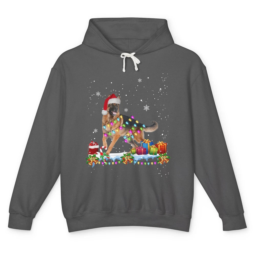 Merry Christmas German Shepherd Dog Santa Hat Xmas Lights Unisex Lightweight Hoodie