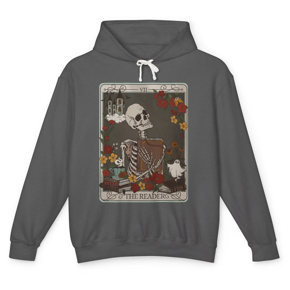 Retro Skeleton Reading Books The Reader Tarot Card Halloween Unisex Lightweight Hoodie