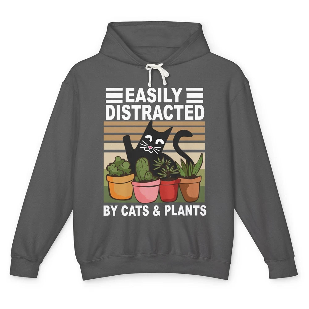 Easily Distracted By Cats And Plants Vintage Gardening Gift Unisex Lightweight Hoodie