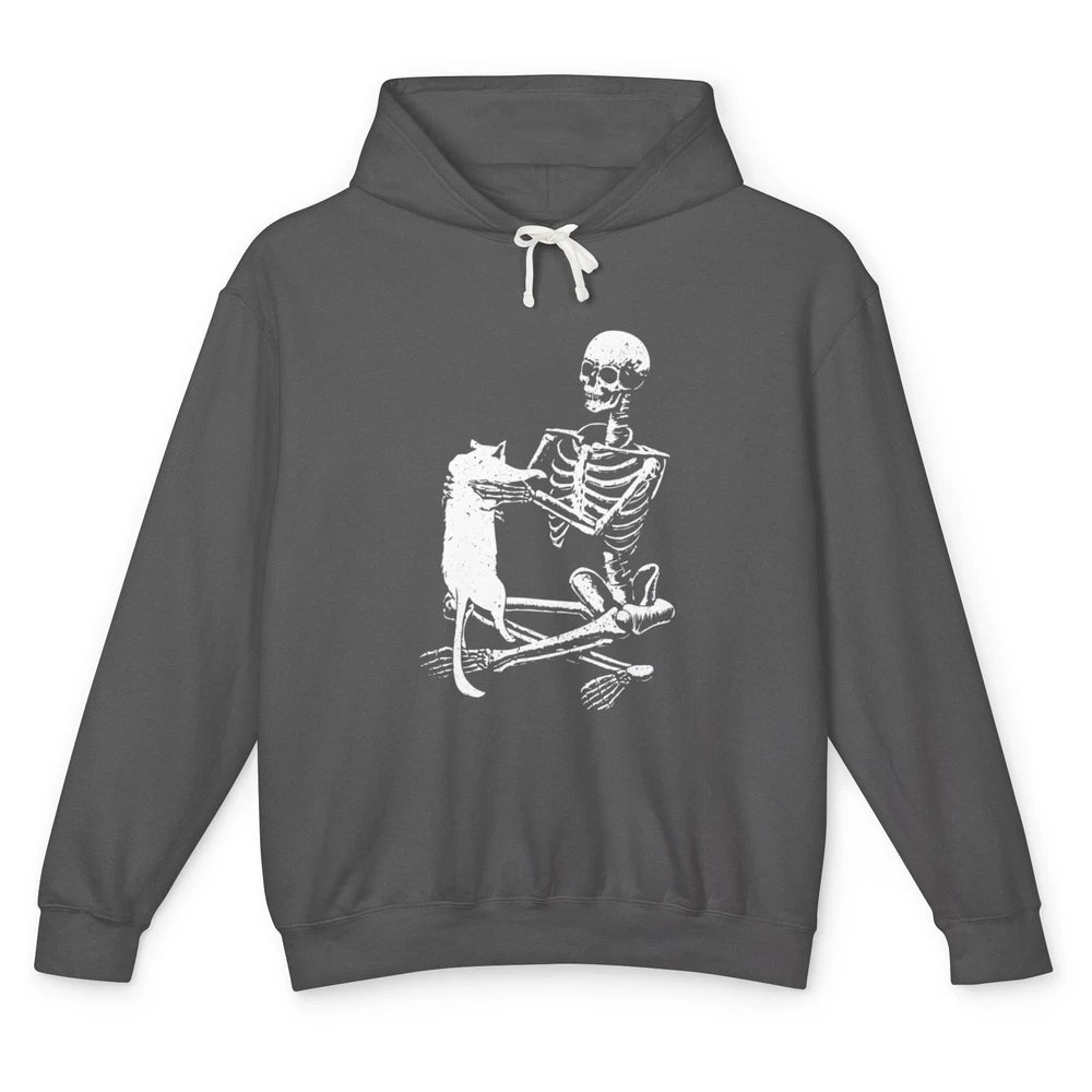 Skeleton Holding Cat Scary Costume Skull Kitten Halloween Unisex Lightweight Hoodie