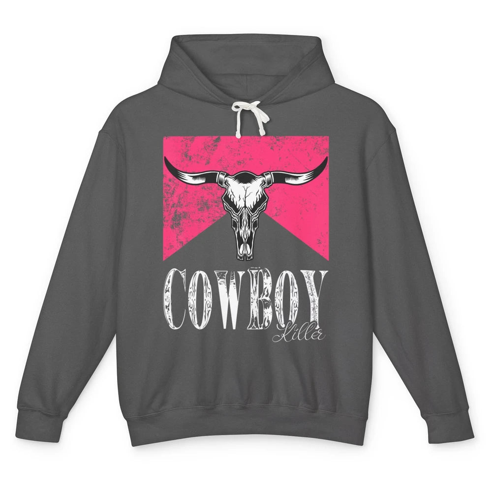 Western Cowboy Bull Skull Pink Southern Country Killer Retro Unisex Lightweight Hoodie