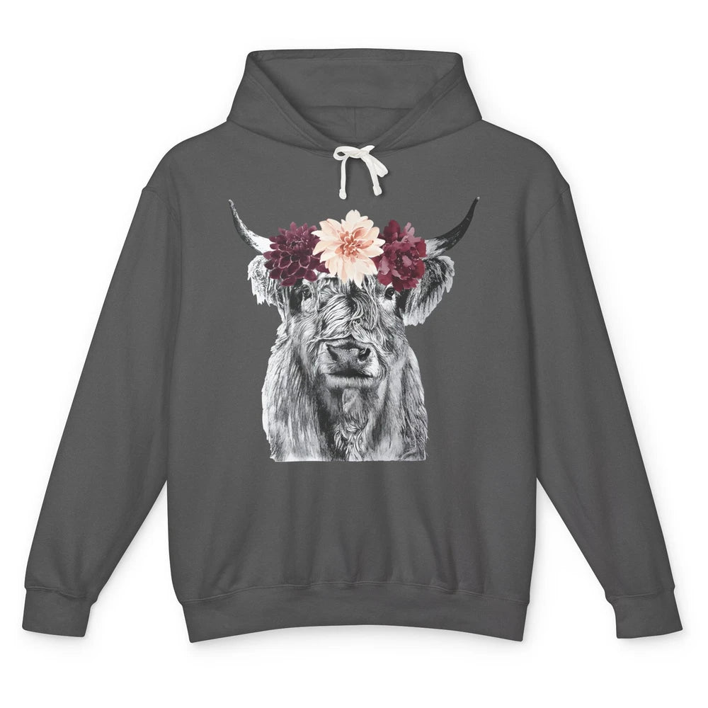 Heifer Highland Cow Flowers Farm Life Animal Floral Retro Unisex Lightweight Hoodie