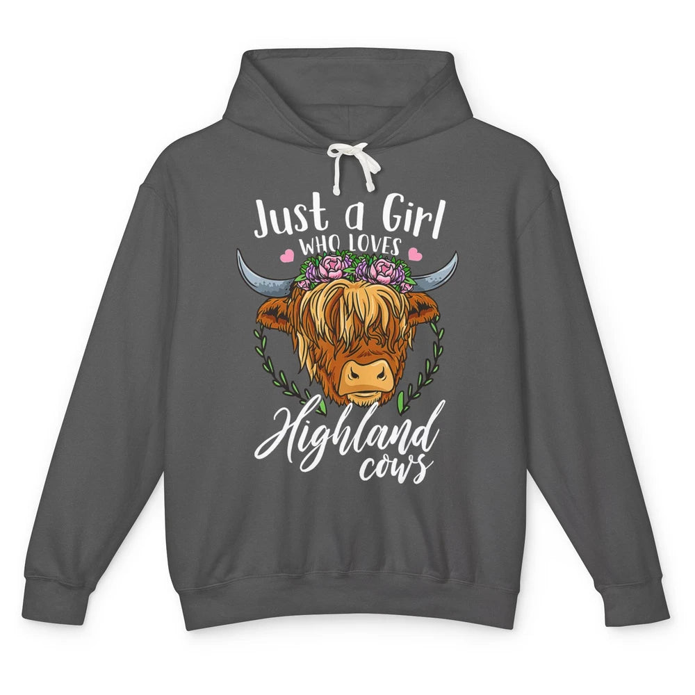 Vintage Just Girl Loves Highland Cow Floral Western Animal Unisex Lightweight Hoodie