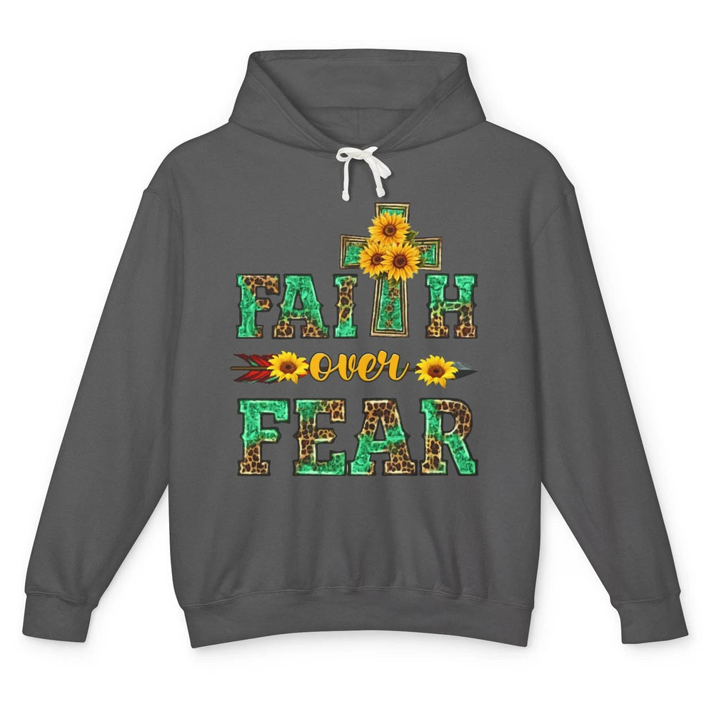 Leopard Sunflower Cross Faith Over Fear Christian Religious Unisex Lightweight Hoodie