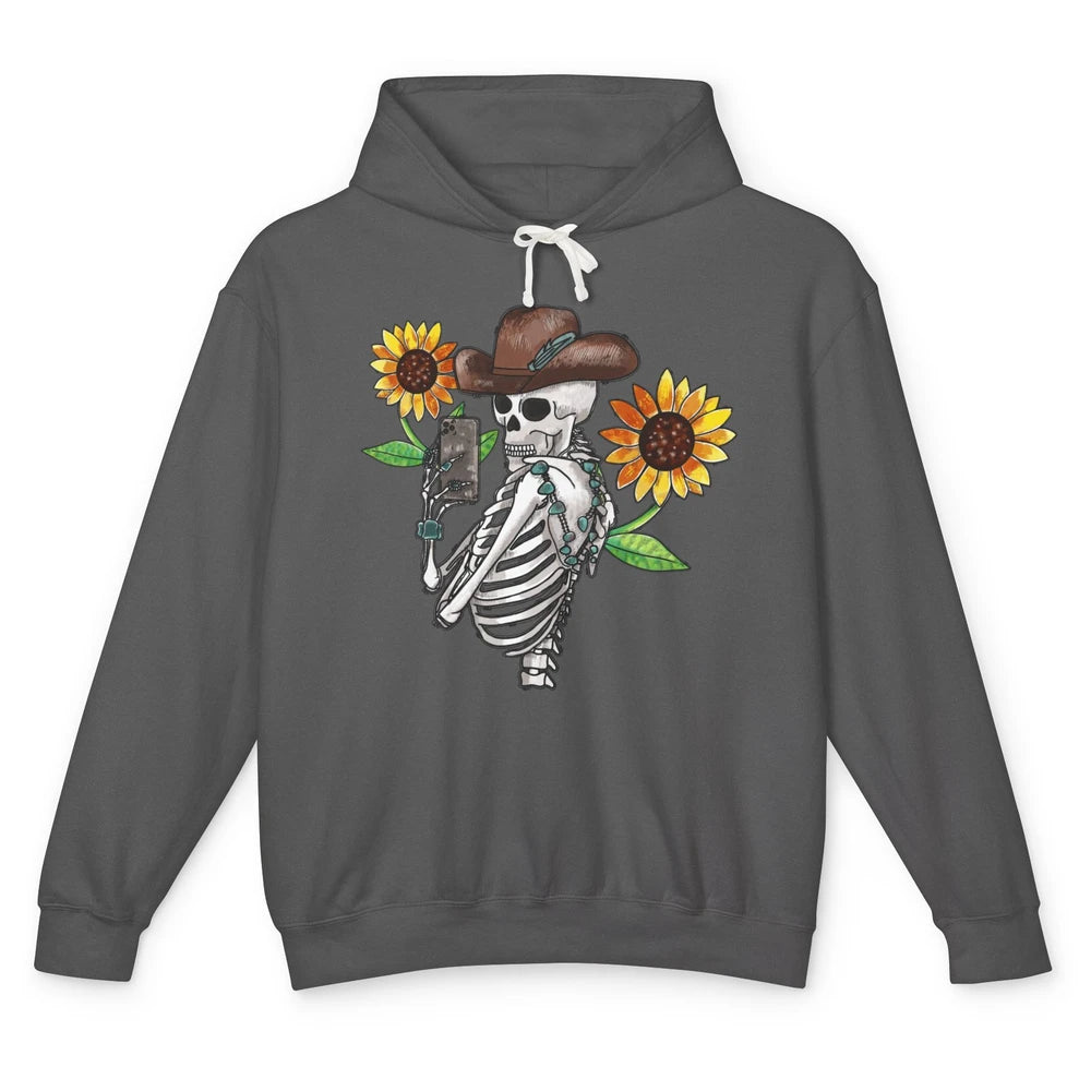 Western Cowboy Hat Skeleton Sunflower Funny Skeleton Selfie Unisex Lightweight Hoodie