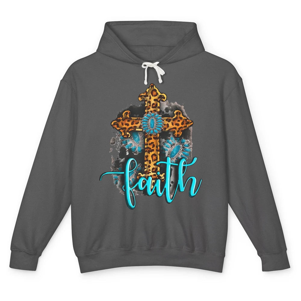 Western Gemstone Leopard Turquoise Cross Faith Jesus God Unisex Lightweight Hoodie