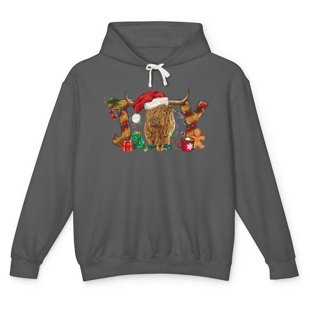 Highland Cow Joy Santa Hat Gingerbread Christmas Farm Gift Unisex Lightweight Hoodie