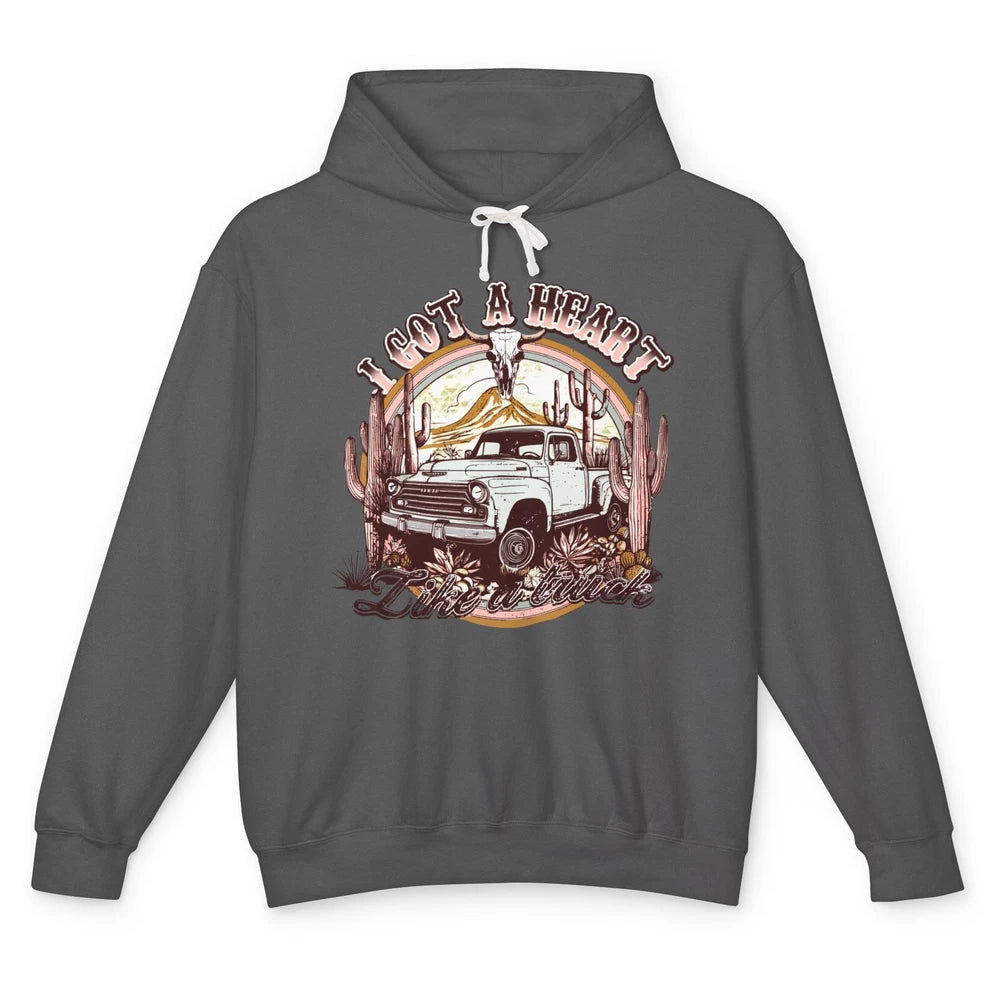 Retro Desert Bull Skull I Got A Heart Like A Truck Western Unisex Lightweight Hoodie