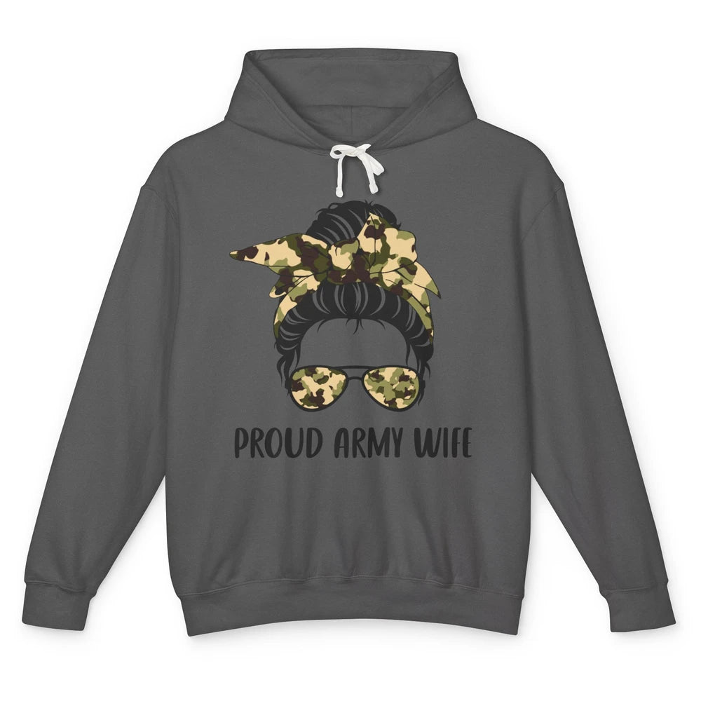 Proud Army Wife Messy Bun Hair Proud Wife Of A US Soldier Unisex Lightweight Hoodie