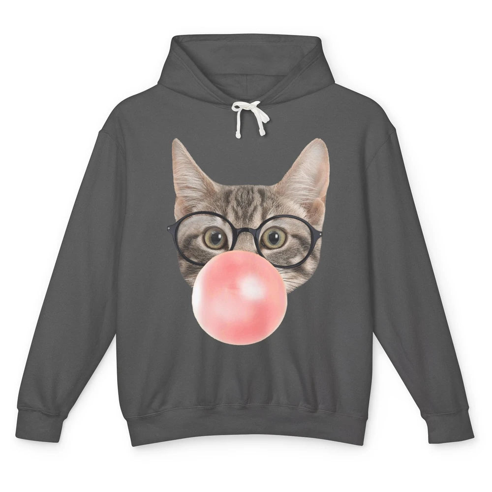 Funny Cat Blow Giant Bubble Gum Pink Glasses Sarcastic Pun Unisex Lightweight Hoodie