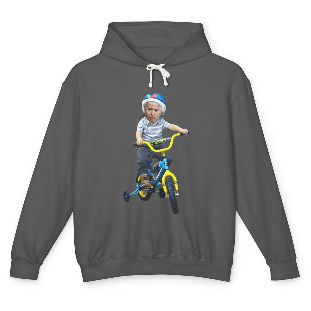 Baby Joe Biden Riding Tricycle Funny Bike Fall Meme Pun Vote Unisex Lightweight Hoodie