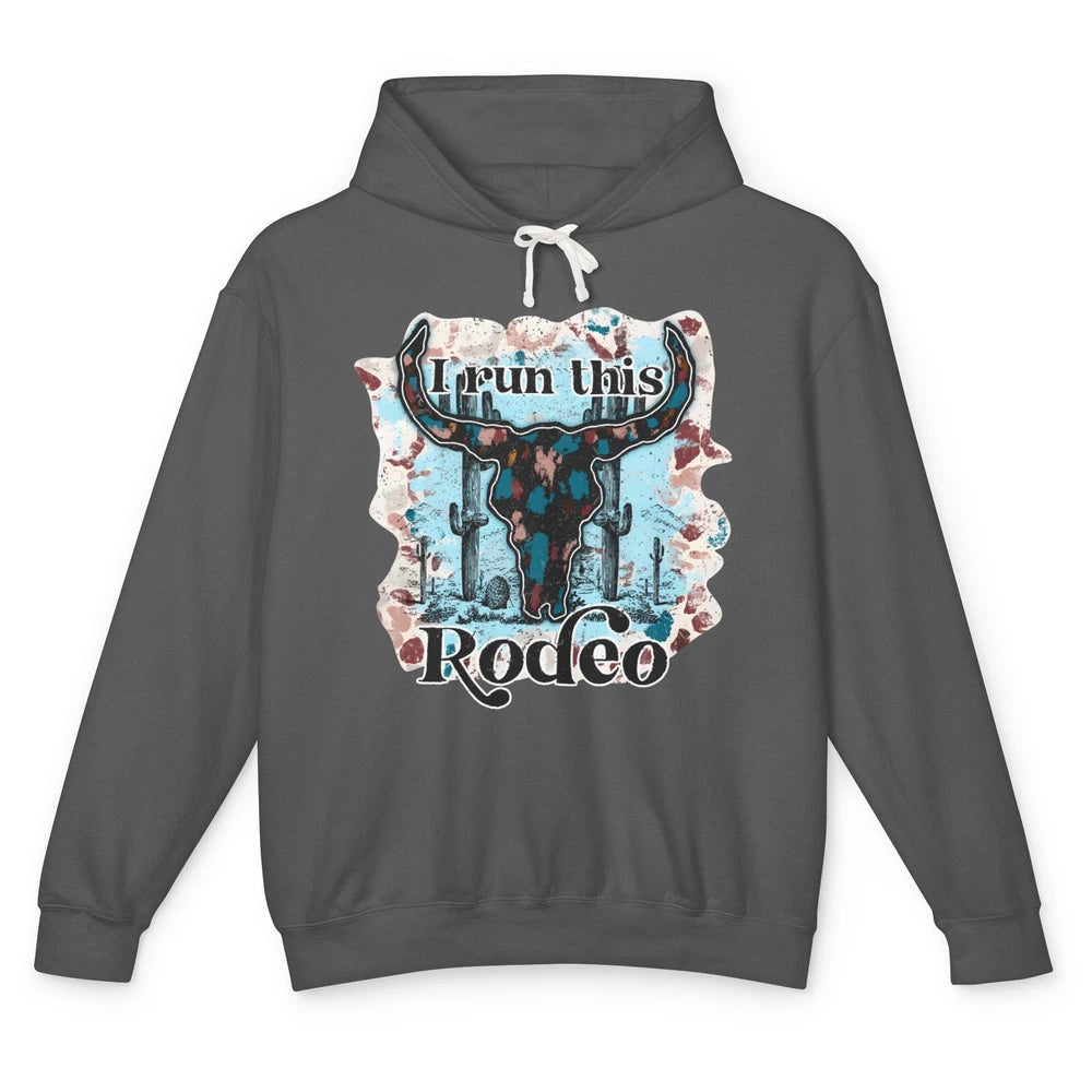 Leopard Bull Skull I Run This Rodeo Desert Cactus Western Unisex Lightweight Hoodie