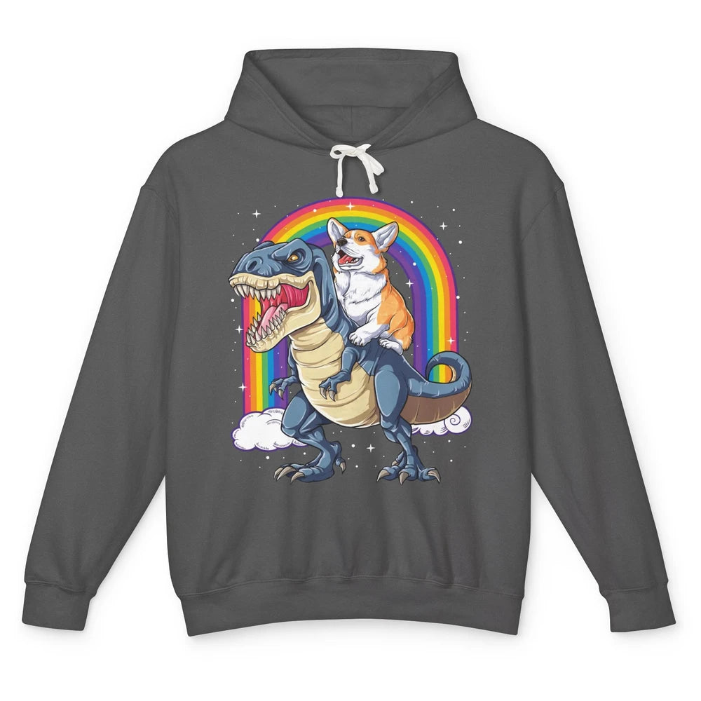 Funny Corgi Ride Dinosaur T Rex Cute Welsh Dog Pet Rainbow Unisex Lightweight Hoodie