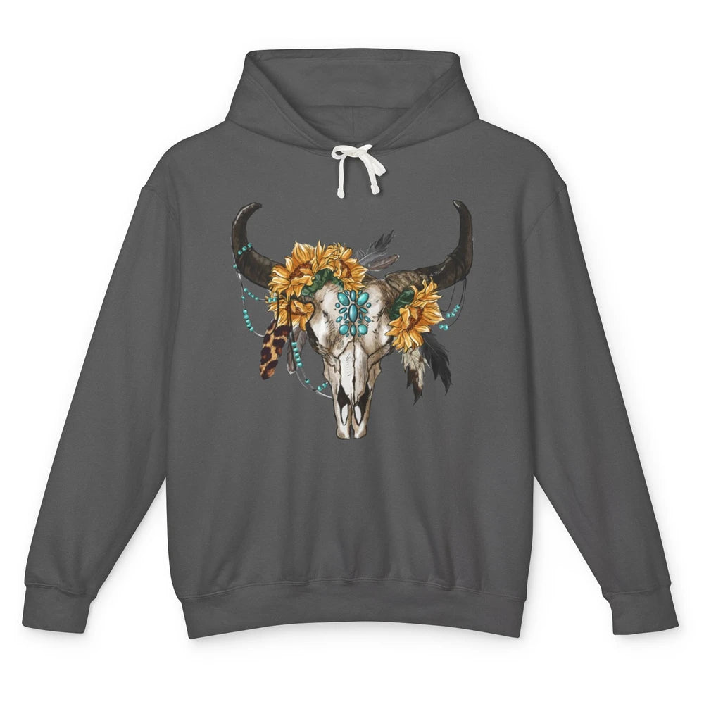 Retro Sunflower Boho Bull Skull Western Country Cowgirl Gift Unisex Lightweight Hoodie