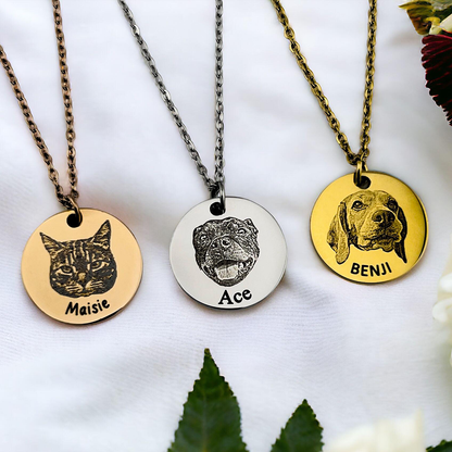 Custom Pet Portrait Necklace - Pet Face Engraved Photo Pendant - Personalized Pet Loss Sympathy Gifts