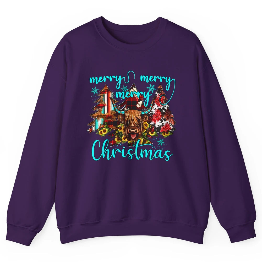 Highland Cow Merry Christmas Heifer Western Country Cowboy Unisex Crewneck Sweatshirt