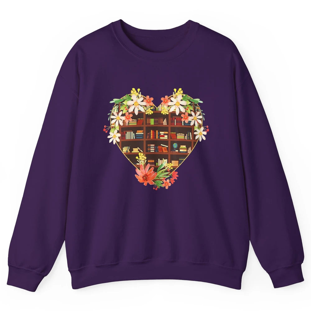 Bookshelf Heart Reading Book Floral Librarian Library Books Unisex Crewneck Sweatshirt