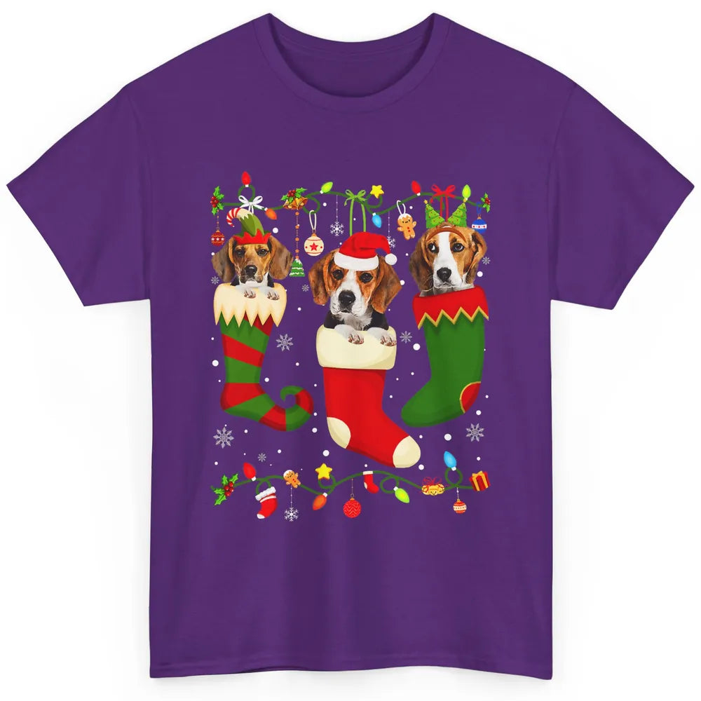 Funny Beagle Dog Christmas Tree Socks Xmas Lights Santa Hat Classic Unisex T-Shirt