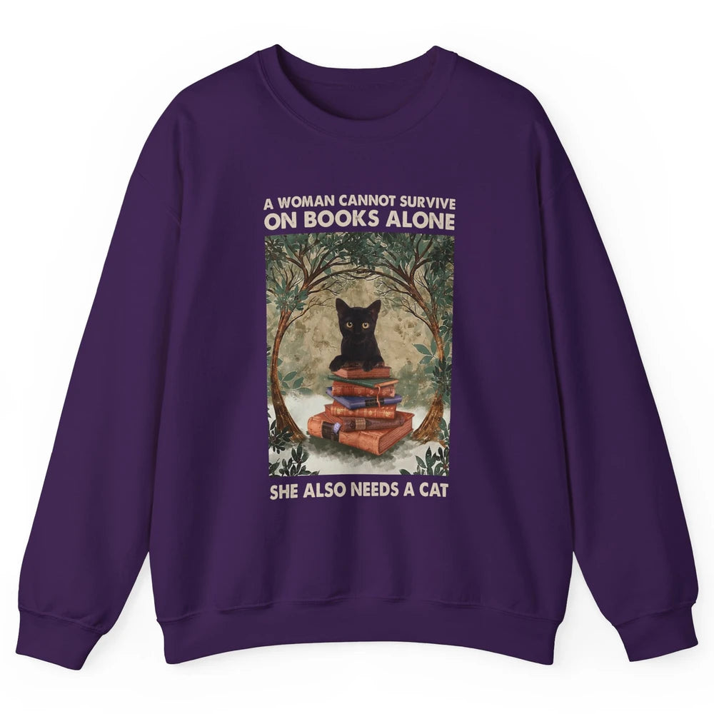 A Woman Cannot Survive On Books Alone She Also Needs A Cat Unisex Crewneck Sweatshirt