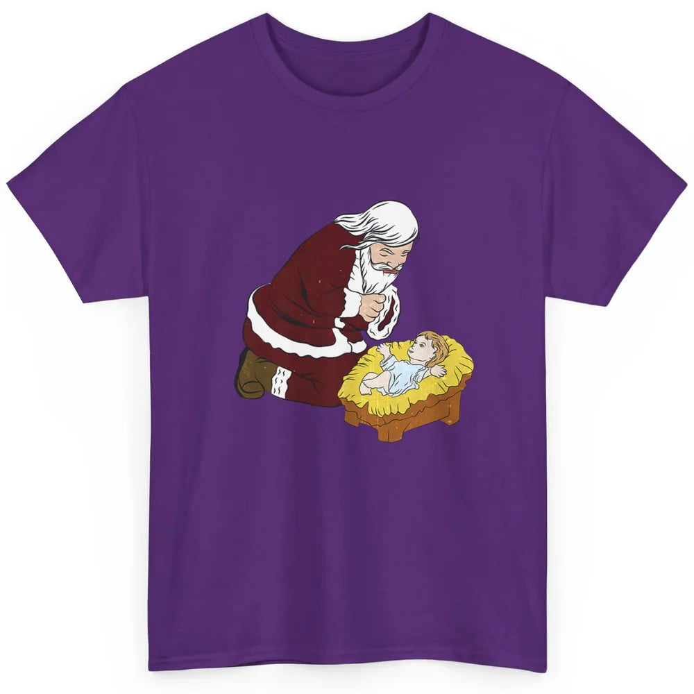 Merry Christmas Kneeling Santa Claus With Baby Jesus Xmas Classic Unisex T-Shirt