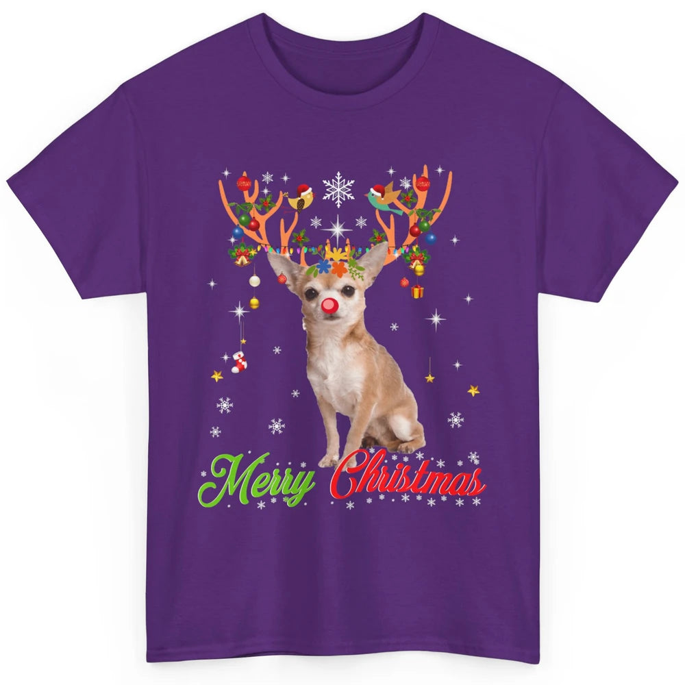 Merry Christmas Chihuahua Dog Santa Hat Xmas Reindeer Lights Classic Unisex T-Shirt