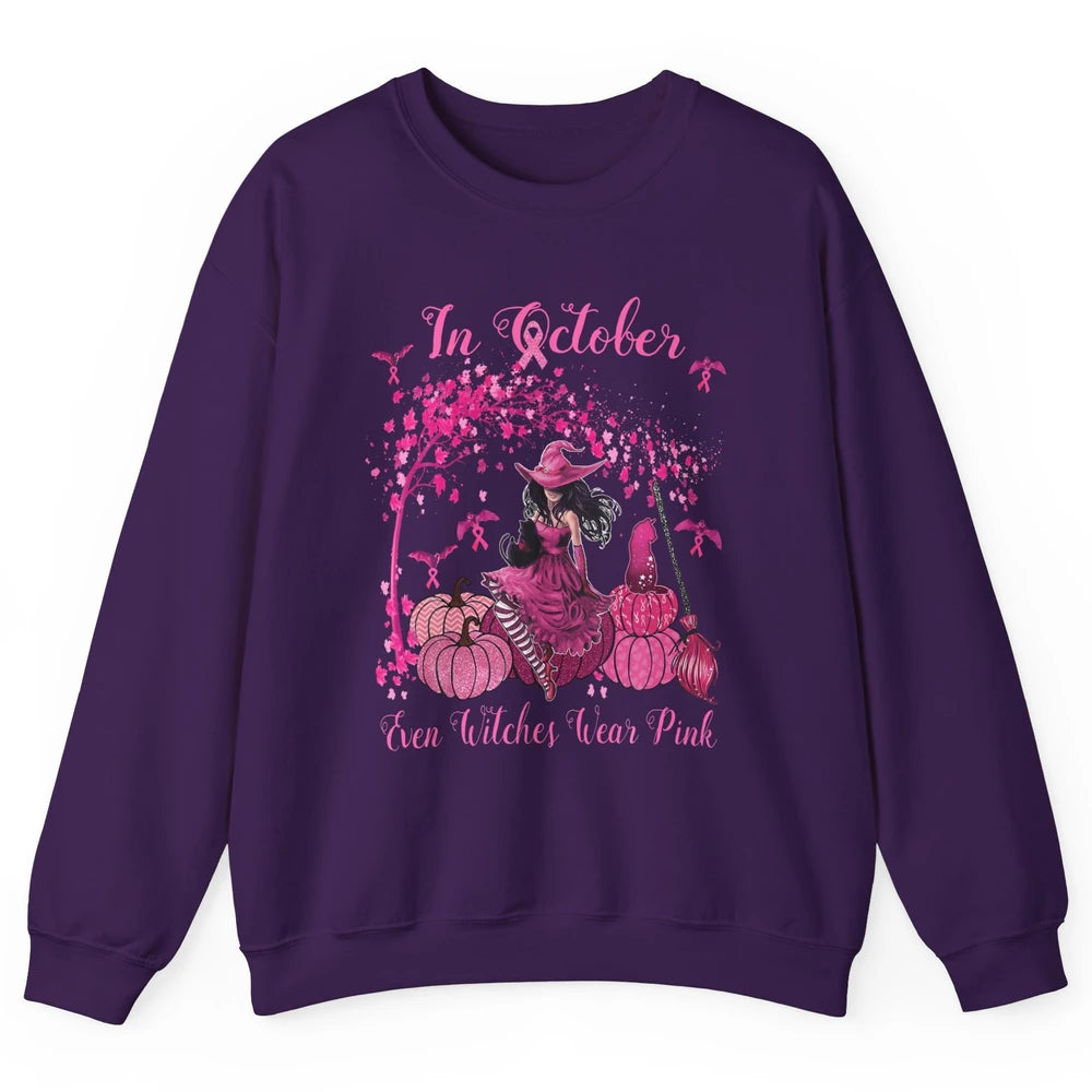 Breast Cancer In October Even Witches Wear Pink Ribbon Fall Unisex Crewneck Sweatshirt