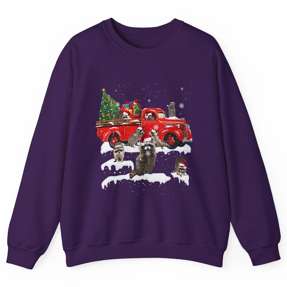 Funny Red Truck Raccoon Xmas Tree Lights Merry Christmas Unisex Crewneck Sweatshirt