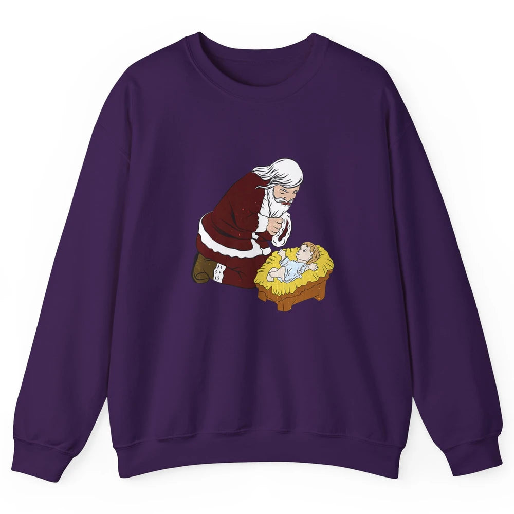 Merry Christmas Kneeling Santa Claus With Baby Jesus Xmas Unisex Crewneck Sweatshirt