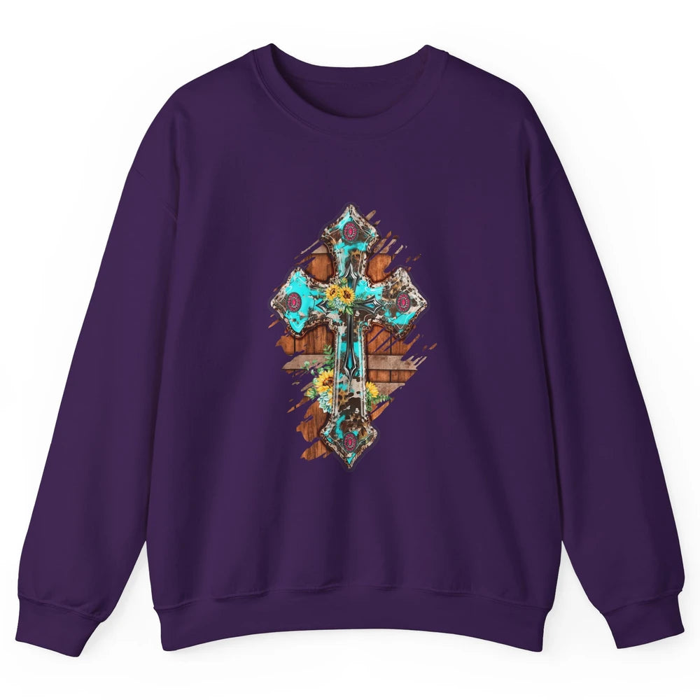 Western Country Boho Christian Turquoise Leopard Faith Cross Unisex Crewneck Sweatshirt