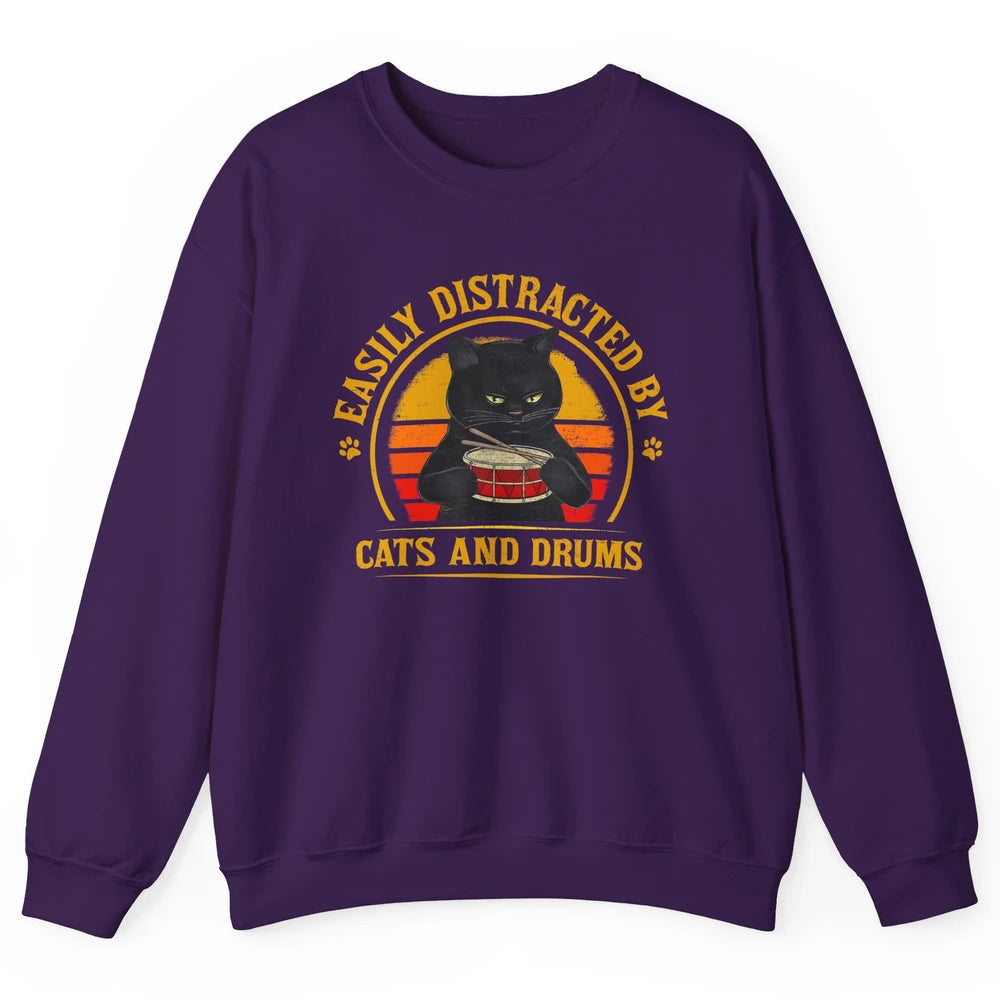 Vintage Black Cat Drummer Easily Distracted By Cat And Drums Unisex Crewneck Sweatshirt