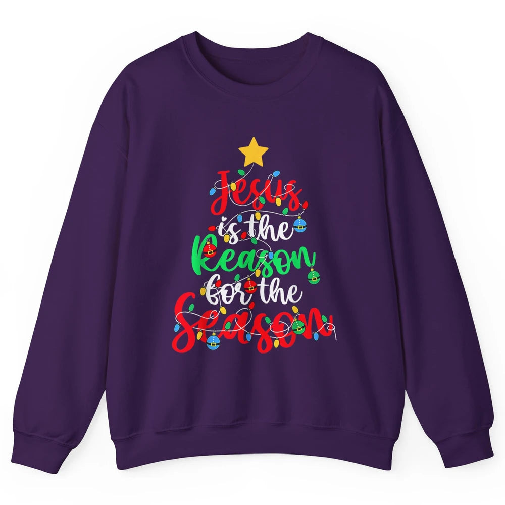 Merry Christmas Jesus The Reason For Season Xmas Tree Lights Unisex Crewneck Sweatshirt