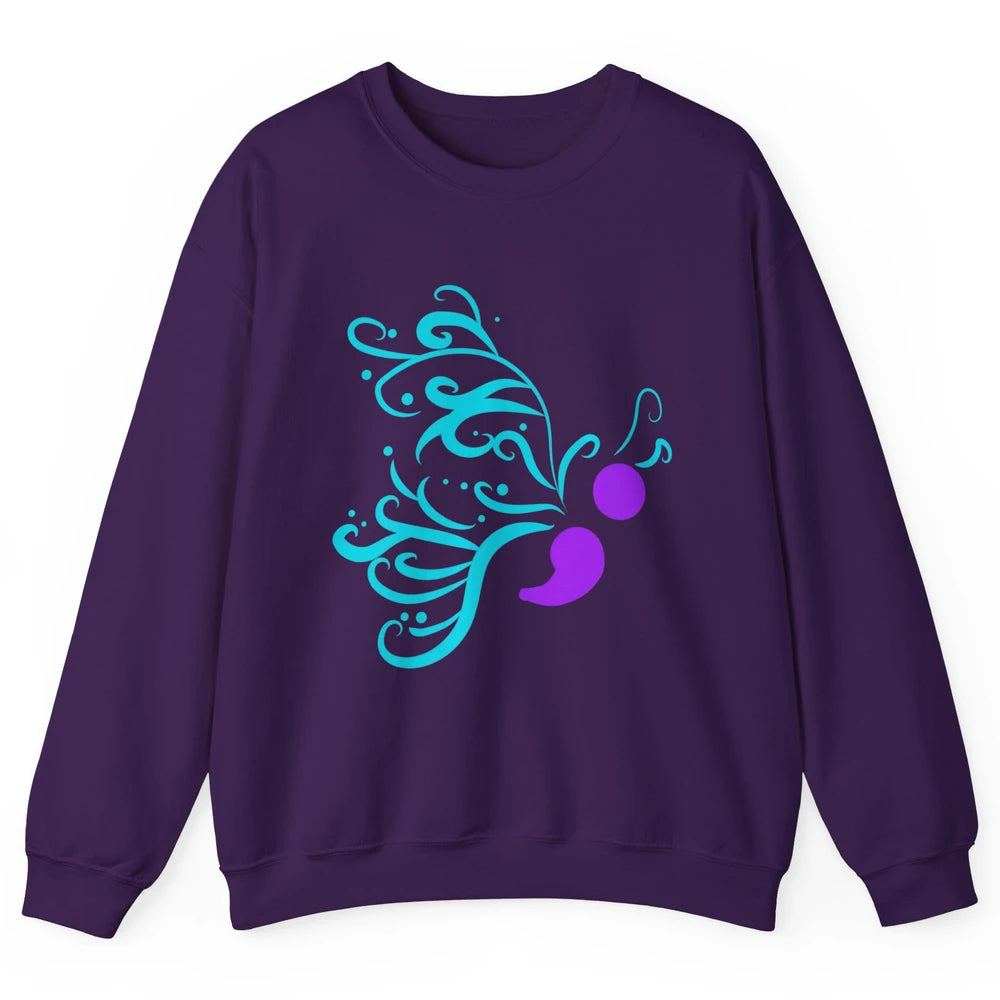 Semicolon Butterfly Teal Warrior Suicide Prevention Month Unisex Crewneck Sweatshirt