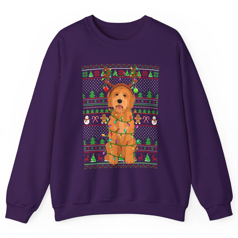 Merry Christmas Golden Doodle Dog Reindeer Xmas Lights Ugly Unisex Crewneck Sweatshirt