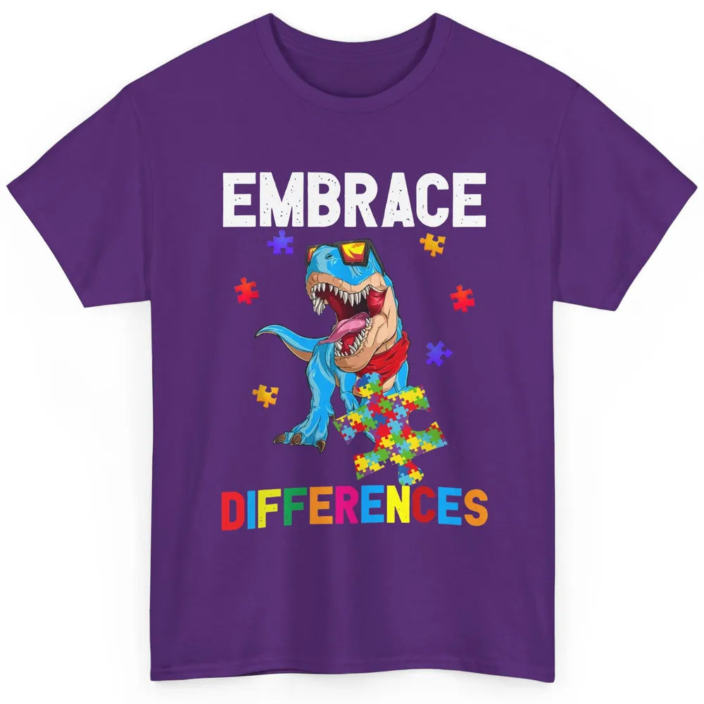 Autism Awareness Dinosaur Puzzle Piece Embrace Differences Classic Unisex T-Shirt