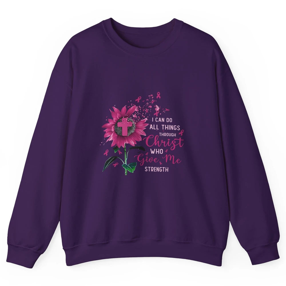 Breast Cancer Month Sunflower God Strength Cross Pink Ribbon Unisex Crewneck Sweatshirt