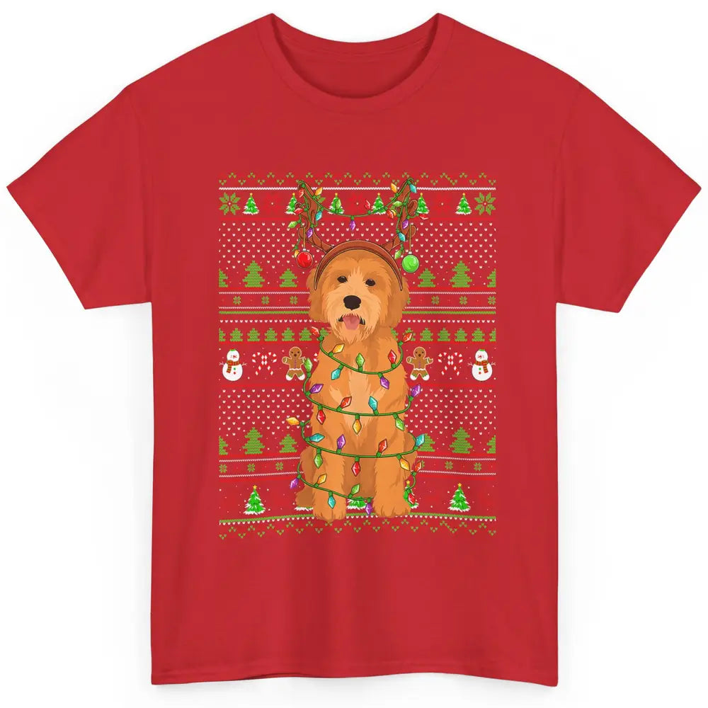 Merry Christmas Golden Doodle Dog Reindeer Xmas Lights Ugly Classic Unisex T-Shirt