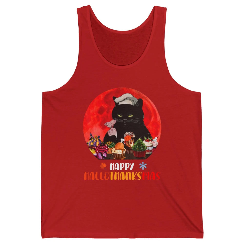 Black Cat Happy Hallothanksmas Baker Cat Halloween Christmas Unisex Jersey Tank